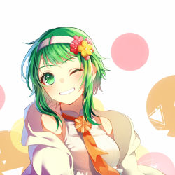 Rule 34 | 1girl, aryuma772, breasts, coat, flower, green eyes, green hair, grin, gumi, hair flower, hair ornament, hairband, highres, looking at viewer, medium breasts, necktie, one eye closed, open clothes, open coat, orange necktie, red flower, shirt, short hair with long locks, sidelocks, sleeveless, sleeveless shirt, smile, solo, upper body, vocaloid, white background, white coat, white hairband, white shirt, yellow flower