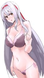 Rule 34 | 10s, 1girl, bad anatomy, blush, bra, breasts, brown eyes, cleavage, female focus, hairband, kantai collection, large breasts, long hair, looking at viewer, navel, open mouth, ruuto (sorufu), shoukaku (kancolle), silver hair, solo, underwear, underwear only, very long hair
