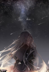Rule 34 | 1girl, absurdres, ahoge, backlighting, braid, choker, closed eyes, crying, english text, from side, highres, ia (vocaloid), long hair, night, night sky, pink hair, shooting star, skirt, sky, solo, star (sky), star (symbol), starry sky, tears, text focus, very long hair, vocaloid, wind, yarily