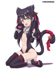 Rule 34 | 1girl, :d, absurdres, animal ears, animal hands, bell, black gloves, black hair, black thighhighs, blue archive, breasts, cat tail, center opening, commentary request, cosplay, fang, fate/kaleid liner prisma illya, fate (series), gloves, green eyes, hair bell, hair ornament, hair ribbon, highres, illyasviel von einzbern (beast style), illyasviel von einzbern (beast style) (cosplay), jingle bell, long hair, looking at viewer, navel, open mouth, paw gloves, ribbon, shun (blue archive), shun (small) (blue archive), simple background, small breasts, smile, solo, tail, takkikun, thighhighs, thighs, twitter username, white background