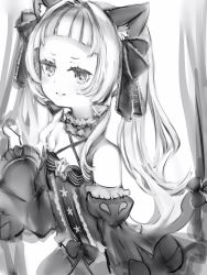 Rule 34 | 1girl, animal ears, bad id, bad pixiv id, blunt bangs, bow, cat ears, cat tail, cross-laced footwear, detached sleeves, flat chest, greyscale, hair bow, hand up, highres, hololive, juliet sleeves, long hair, long sleeves, looking at viewer, monochrome, murasaki shion, murasaki shion (gothic lolita), nanashi (nlo), puffy sleeves, smile, solo, tail, tail bow, tail ornament, virtual youtuber