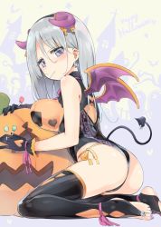 Rule 34 | 1girl, ankle ribbon, ass, bare shoulders, black gloves, black thighhighs, blue eyes, blush, breast press, breasts, bridal legwear, candy, character request, closed mouth, commentary, copyright request, demon girl, demon horns, demon tail, demon wings, earrings, english text, fake horns, fake wings, food, food-themed earrings, food in mouth, food themed earrings, from behind, full body, gloves, grey hair, hair between eyes, halloween, halloween costume, happy halloween, headband, highres, holding, holding candy, holding food, holding lollipop, homura subaru, horns, jack-o&#039;-lantern, jewelry, large breasts, leg ribbon, leotard, lollipop, looking at viewer, medium hair, nail polish, original, panties, pumpkin, pumpkin earrings, ribbon, side-tie panties, sitting, solo, stirrup legwear, straight hair, tail, tail ornament, tail ring, thighhighs, toe ring, toeless legwear, toenail polish, toenails, underwear, wariza, wings, wrist ribbon, yellow panties