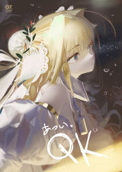 Rule 34 | 1girl, absurdres, blonde hair, blurry, blurry background, brown background, chain, collar, commentary request, costor32, dress, expressionless, fate/grand order, fate (series), from side, grey eyes, hair intakes, hair strand, highres, lock, looking away, nero claudius (bride) (fate), nero claudius (bride) (second ascension) (fate), nero claudius (fate), nero claudius (fate) (all), nero claudius (fate/extra), padlock, sidelocks, solo, sparkle, upper body, white dress