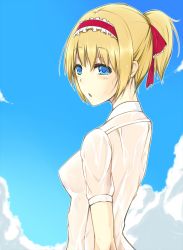 Rule 34 | 1girl, :o, alice margatroid, alternate costume, alternate hairstyle, bad id, bad pixiv id, blonde hair, blue eyes, blush, breasts, cloud, day, from side, hair ribbon, hairband, jajao, lolita hairband, looking at viewer, looking to the side, medium breasts, ponytail, red ribbon, ribbon, see-through, see-through silhouette, shirt, short hair, sky, solo, touhou, triangle mouth, upper body, wet, wet clothes, white shirt