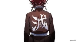 Rule 34 | 1boy, arms at sides, belt, clothes writing, dalc rose, demon slayer uniform, earrings, facing away, from behind, highres, jewelry, kamado tanjirou, kimetsu no yaiba, long sleeves, male focus, no coat, red hair, short hair, simple background, solo, twitter username, upper body, white background