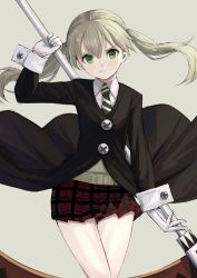 Rule 34 | 1girl, beige background, black jacket, black skirt, blonde hair, blush, collared shirt, commentary request, fagi (kakikaki), feet out of frame, frown, gloves, green eyes, green necktie, holding, holding weapon, jacket, long hair, long sleeves, looking at viewer, maka albarn, miniskirt, multicolored neckwear, necktie, plaid, plaid skirt, pleated skirt, red skirt, revision, scythe, shirt, simple background, skirt, solo, soul eater, twintails, weapon, white gloves, white necktie, white shirt