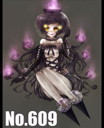 Rule 34 | bare shoulders, creatures (company), dress, fire, flower, game freak, glass, gloves, high heels, lolita fashion, long hair, nintendo, personification, pokemon, pokemon bw, purple hair, ribbon, shanderaa, shoes, simple background, sitting, smile, thighhighs, yellow eyes