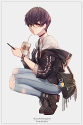 Rule 34 | 1girl, bad id, bad twitter id, bag, black-framed eyewear, bracelet, cellphone, choker, cup, denim, drinking straw, earrings, expressionless, glasses, highres, holding, holding cup, holding phone, jacket, jeans, jewelry, looking at viewer, original, pants, phone, purple hair, red eyes, rhine (overtonerhine), shirt, shoes, short hair, signature, solo, squatting, tomboy