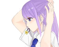 Rule 34 | 1girl, arms up, ascot, bad drawr id, bad id, blue ascot, blue eyes, character request, collared shirt, copyright request, long hair, mouth hold, oekaki, profile, purple hair, shirt, short sleeves, sidelocks, simple background, solo, tamako (ramil), tying hair, white background, white shirt