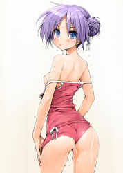Rule 34 | 1girl, alternate hairstyle, ass, back, bare shoulders, blue eyes, blush, bow, breasts, clothes pull, cum, cum on ass, double bun, facial, female focus, from behind, hair bow, hair bun, hiiragi kagami, ishikei, looking back, lucky star, nipples, one-piece swimsuit, one-piece swimsuit pull, purple hair, revision, short hair, simple background, small breasts, solo, standing, swimsuit, thighs, tsundere, tsurime, undressing, wedgie, wet