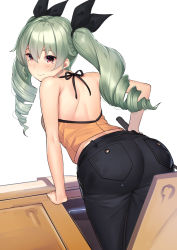 Rule 34 | 10s, 1girl, anchovy (girls und panzer), arm support, ass, bad id, bad tumblr id, bare arms, bare shoulders, black ribbon, blush, brown eyes, casual, closed mouth, denim, drill hair, from behind, girls und panzer, green hair, hair between eyes, hair ribbon, halterneck, highres, holding, jeans, kagematsuri, leaning forward, long hair, looking at viewer, looking back, military, military vehicle, mole, mole under eye, motor vehicle, pants, pocket, ribbon, simple background, smile, solo, tank, twintails, white background
