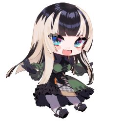 Rule 34 | 1girl, :d, black dress, black gloves, black hair, blonde hair, blue eyes, blunt bangs, breasts, chibi, dress, fang, frilled dress, frills, gloves, gothic lolita, highres, hololive, hololive dev is, juufuutei raden, lolita fashion, long hair, looking at viewer, medium breasts, multicolored hair, murechika, open mouth, pantyhose, sidelocks, skin fang, smile, solo, streaked hair, transparent background, two-tone hair, virtual youtuber, white pantyhose