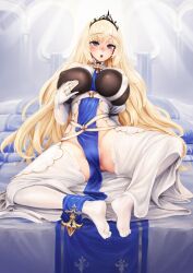 Rule 34 | 1girl, azur lane, barbariank, blonde hair, blue eyes, blush, breasts, covered nipples, cross, feet, framed breasts, gluteal fold, hand up, highres, large breasts, long hair, long sleeves, looking at viewer, open mouth, painleve (azur lane), pelvic curtain, revealing clothes, see-through thighhighs, sitting, solo, spread legs, thighhighs, tiara, toes, very long hair, white thighhighs