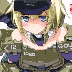 Rule 34 | 10s, 1girl, :&lt;, bad id, bad pixiv id, bare shoulders, blonde hair, blue eyes, blush, character name, closed mouth, dd (ijigendd), eyebrows, eyes visible through hair, frame arms girl, gourai, hair between eyes, headgear, looking at viewer, mecha musume, numbered, short hair, simple background, solo, upper body, white background