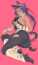 Rule 34 | 1girl, animal ears, armpits, ass, bleach, grabbing another&#039;s breast, breasts, cat ears, dark-skinned female, dark skin, dated, full body, grabbing, hair ornament, high heels, highres, kuma (jk0073), medium breasts, pantylines, pink background, ponytail, purple hair, shihouin yoruichi, sideboob, signature, simple background, sleeveless, smile, solo, torn clothes, yellow eyes