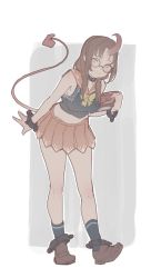 Rule 34 | 1girl, ankle cuffs, bent over, blue socks, blush, book, bow, bowtie, brown footwear, brown hair, closed mouth, commentary request, copyright request, cuffs, full body, glasses, highres, holding, holding book, horns, looking at viewer, low twintails, muted color, orange sailor collar, orange skirt, pleated skirt, sailor collar, school uniform, serafuku, shoes, single horn, skirt, smile, socks, solo, standing, timbougami, twintails, yellow bow, yellow bowtie