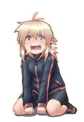 Rule 34 | 1girl, antenna hair, between legs, bike shorts, black footwear, black jacket, black shirt, black shorts, blonde hair, blush, breasts, commentary request, crying, crying with eyes open, full body, green eyes, hair between eyes, hand between legs, highres, jacket, koshirae tsurugi (m.m), long hair, long sleeves, looking at viewer, low ponytail, m.m, open mouth, original, ponytail, shadow, shirt, shoes, short shorts, shorts, simple background, sitting, sleeves past wrists, small breasts, solo, tears, track jacket, wariza, white background