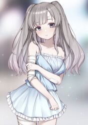 Rule 34 | 1girl, bandages, bandaid, bandaid on face, blue dress, blurry, blurry background, blush, breasts, cleavage, collarbone, cowboy shot, dress, frilled dress, frills, grey hair, holding own arm, idolmaster, idolmaster shiny colors, long hair, looking at viewer, medium breasts, open mouth, purple eyes, sidelocks, sleeveless, sleeveless dress, smile, solo, sparkle, sunege (hp0715), twintails, yukoku kiriko