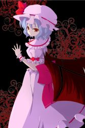 Rule 34 | 1girl, :o, arm up, bad id, bad pixiv id, bat wings, black background, blouse, bow, eyelashes, female focus, fingernails, hat, hat ribbon, highres, kurohina00, light purple hair, looking at viewer, looking back, nail polish, open hand, puffy sleeves, red eyes, remilia scarlet, ribbon, shirt, short hair, short sleeves, skirt, solo, touhou, wings, wrist cuffs