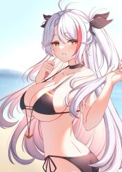 Rule 34 | 1girl, absurdres, antenna hair, azur lane, bare arms, bare shoulders, beach, bikini, black bikini, black choker, black ribbon, blue sky, blurry, blurry background, breasts, choker, collarbone, commentary request, day, depth of field, grey hair, hair between eyes, hair ribbon, highres, large breasts, long hair, looking at viewer, looking to the side, moyoron, multicolored hair, ocean, orange eyes, outdoors, parted bangs, prinz eugen (azur lane), prinz eugen (unfading smile) (azur lane), red hair, ribbon, side-tie bikini bottom, sky, solo, streaked hair, swimsuit, twisted torso, two side up, very long hair, water