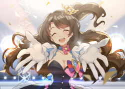 Rule 34 | 10s, 1girl, :d, ^ ^, brown hair, dress, closed eyes, gloves, highres, idolmaster, idolmaster cinderella girls, long hair, open mouth, outstretched arms, outstretched hand, puff and slash sleeves, puffy short sleeves, puffy sleeves, shimamura uzuki, smile, solo, star!!, tsukii