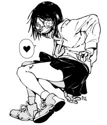 Rule 34 | 1girl, artist name, bare legs, black skirt, blupixl, colored shoe soles, commentary, crazy eyes, crazy smile, drawstring, english commentary, full body, glasses, heart, hena (blupixl), highres, hood, hood down, hoodie, legs, long sleeves, looking at viewer, messy hair, monochrome, open mouth, original, pleated skirt, screentones, shoelaces, shoes, short hair, simple background, skirt, smile, socks, solo, speech bubble, spoken heart, teeth, thighs, tongue, tongue out, white hoodie, wide-eyed