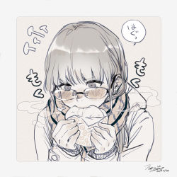 Rule 34 | 1girl, bad id, bad pixiv id, baozi, blush, coat, dated, eating, female focus, food, glasses, greyscale, highres, holding, holding food, looking down, monochrome, nanase miri, original, scarf, signature, solo, spot color, upper body, winter clothes