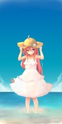 Rule 34 | 1girl, ahoge, blue sky, blush, centi mnkt, closed mouth, cloud, crescent, crescent necklace, dress, flower, hair between eyes, hair ornament, hair through headwear, hat, highres, jewelry, kantai collection, long hair, looking to the side, necklace, outdoors, pink eyes, rabbit hair ornament, red hair, sky, sleeveless, sleeveless dress, smile, solo, standing, straw hat, sundress, uzuki (kancolle), very long hair, white dress