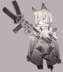Rule 34 | 1girl, animal ear fluff, animal ears, arm shield, blade (galaxist), cape, commentary request, copyright request, covered mouth, cropped legs, dress, fur-trimmed cape, fur trim, gloves, grey background, greyscale, gun, hair between eyes, hair ornament, hairclip, holding, holding gun, holding weapon, knee pads, long sleeves, looking away, looking to the side, monochrome, short dress, simple background, solo, transparent, weapon