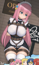 Rule 34 | &gt; &lt;, 4girls, apron, arms behind back, black bow, black bowtie, black choker, black panties, blonde hair, blue eyes, blue hair, bocchi the rock!, bound, bow, bowtie, bra visible through clothes, breasts, breath, cable tie, choker, closed mouth, coin, cube hair ornament, gotoh hitori, hair ornament, highres, ijichi nijika, kita ikuyo, large breasts, long hair, maid, maid apron, maid headdress, multiple girls, panties, pantyshot, pink hair, plusout, red hair, restrained, shibari, shibari over clothes, side ahoge, sign, solo focus, sweatdrop, thighhighs, underwear, white thighhighs, yamada ryo