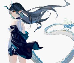 Rule 34 | 1girl, arknights, black hair, black jacket, china dress, chinese clothes, cowboy shot, dragon girl, dragon horns, dragon tail, dress, dusk (arknights), earrings, floating hair, from behind, green hair, hair between eyes, highres, horns, jacket, jewelry, long hair, looking at viewer, looking back, multicolored hair, nakatsuka123, off shoulder, open clothes, open jacket, parted lips, pointy ears, red eyes, simple background, sleeveless, sleeveless dress, solo, streaked hair, tail, tassel, tassel earrings, white background, white dress