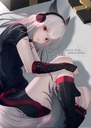 Rule 34 | 1girl, absurdres, animal ears, arknights, artist name, black footwear, black gloves, black shirt, black shorts, commentary, english text, fingerless gloves, fox ears, fox girl, fox tail, frostleaf (arknights), gloves, grey hair, headphones, highres, implied extra ears, lips, long hair, looking at viewer, lying, on side, red eyes, shadow, shirt, short sleeves, shorts, solo, t-shirt, tail, xi-u, zipper
