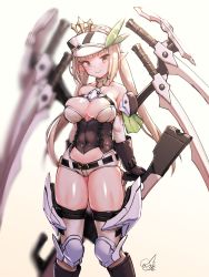 Rule 34 | 1girl, blonde hair, blurry, braid, breasts, busou shinki, cleavage, commentary request, covered navel, doyouwantto, edelweiss (megami device), gun, hat, highres, holding, holding gun, holding weapon, large breasts, looking at viewer, mecha musume, megami device, plump, pointy ears, shorts, signature, solo, sword, weapon, wings, yellow eyes