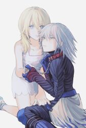 Rule 34 | 1boy, 1girl, blonde hair, blue eyes, chain, collar, commentary request, dress, gloves, grey hair, hair between eyes, hand on another&#039;s thigh, highres, holding, holding collar, holding hands, kingdom hearts, kingdom hearts ii, kneeling, looking at viewer, medium hair, namine, nishinsobha, open mouth, riku (kingdom hearts), riku replica, sitting, spiked hair, sundress, white background, white dress