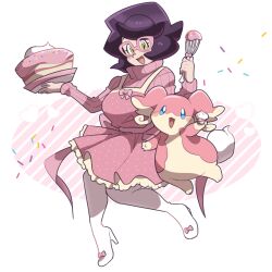 Rule 34 | 1girl, 1other, animal ears, apron, audino, baking, big hair, blue eyes, blush, blush stickers, bow, breasts, cake, creatures (company), cupcake, eyelashes, food, footwear bow, frills, full body, game freak, gen 5 pokemon, glasses, green eyes, high heels, holding, holding food, large breasts, large ribbon, long sleeves, looking at viewer, loveycloud, nintendo, open mouth, pink-framed eyewear, pink apron, pink background, pink bow, pink ribbon, pink sweater, pokemon, pokemon (creature), pokemon sm, purple hair, ribbed sweater, ribbon, short hair, simple background, sprinkles, striped, striped background, sweater, tail, turtleneck, turtleneck sweater, whipped cream, whisk, white background, white footwear, wicke (pokemon)
