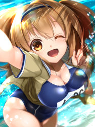 Rule 34 | 10s, 1girl, ;d, arm at side, arm up, breasts, brown eyes, cleavage, from above, hair between eyes, hairband, i-26 (kancolle), kantai collection, large breasts, light brown hair, long hair, looking at viewer, name tag, new school swimsuit, one-piece swimsuit, one eye closed, open clothes, open mouth, outside border, outstretched arm, reaching, reaching towards viewer, sailor collar, school swimsuit, smile, solo, swimsuit, swimsuit under clothes, thighs, two-tone hairband, two side up, youmou usagi