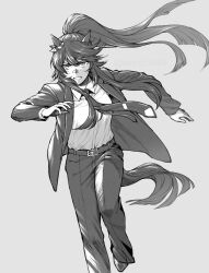 Rule 34 | 1girl, alternate costume, animal ears, bandaid, bandaid on face, bandaid on nose, belt, breasts, clenched teeth, collared shirt, foot out of frame, formal, greyscale, horse ears, horse girl, horse tail, jacket, long hair, long sleeves, looking at viewer, monochrome, narita brian (umamusume), necktie, open clothes, open jacket, open mouth, pant suit, pants, ponytail, running, shirt, shirt tucked in, shoes, small breasts, solo, suit, tail, teeth, umamusume, uruimu, v-shaped eyebrows
