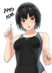 Rule 34 | 1girl, amagami, asmr, black hair, black one-piece swimsuit, blush, bob cut, breasts, commentary request, competition swimsuit, highres, holding, looking at viewer, medium breasts, nanasaki ai, one-piece swimsuit, open mouth, short hair, solo, swimsuit, translation request, yoo tenchi