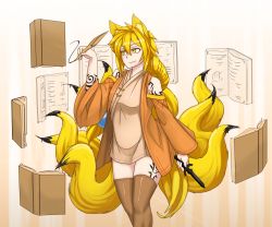 Rule 34 | 1girl, :/, absurdres, animal ears, bare shoulders, blonde hair, book, brown thighhighs, dagger, detached sleeves, eyebrows, floating, floating book, floating object, fox ears, fox girl, fox tail, highres, ink, knife, less, light smile, long hair, multiple tails, multitasking, open book, original, ponytail, quill, solo, tail, tattoo, thighhighs, tunic, weapon, wide sleeves, writing, yellow eyes