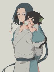 Rule 34 | 2boys, animal ears, arms behind back, black hair, blush, bright pupils, cat boy, cat ears, cat tail, eating, food, grey background, highres, long hair, luo xiaohei, luo xiaohei (human), luo xiaohei zhanji, multiple boys, short hair, simple background, sirakaro, tail, upper body, very long hair, white pupils, wuxian (the legend of luoxiaohei)