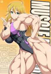 Rule 34 | 1girl, abs, blonde hair, breasts, female focus, green eyes, highres, hoshii miki, idolmaster, idolmaster (classic), large breasts, muscular, ren (tainca2000), solo, swimsuit