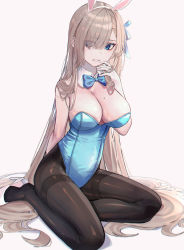 Rule 34 | 1girl, absurdres, animal ears, asuna (blue archive), asuna (bunny) (blue archive), black pantyhose, blue archive, blue bow, blue bowtie, blue eyes, blue leotard, blue ribbon, bow, bowtie, breasts, commentary, detached collar, domi (hongsung0819), eyes visible through hair, fake animal ears, gloves, hair over one eye, hair ribbon, hairband, hand up, high heels, highres, large breasts, leotard, light brown hair, long hair, looking at viewer, mole, mole on breast, pantyhose, parted lips, playboy bunny, rabbit ears, ribbon, simple background, solo, strapless, strapless leotard, traditional bowtie, very long hair, white background, white footwear, white gloves, white hairband