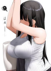 Rule 34 | 1girl, bag, black hair, blush, breasts, closed eyes, hair ornament, hairclip, impossible clothes, impossible shirt, kaisen chuui, large breasts, long hair, original, shirt, shoulder bag, sidelocks, simple background, skindentation, sleeveless, solo, squiggle, striped clothes, striped shirt, sweat, tank top, translated, upper body, vertical-striped clothes, vertical-striped shirt, very long hair, white background, white shirt