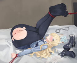 Rule 34 | 1girl, absurdres, animal ears, anus, ass, bandaid, bandaid on pussy, black pantyhose, blonde hair, blue archive, blue eyes, blush, boots, unworn boots, bound, bound ankles, chuck (harfmoondark), cuffs, cum in footwear, hair over one eye, handcuffs, highres, kanna (blue archive), long hair, lying, necktie, on back, pantyhose, pencil skirt, restrained, skirt, solo, torn clothes, torn pantyhose
