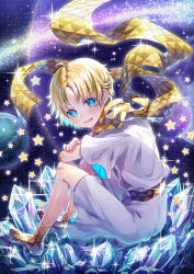 Rule 34 | 1boy, baggy clothes, blonde hair, blue eyes, blush, bright pupils, crystal, fate/grand order, fate/requiem, fate (series), floating, floating object, full body, glowing, highres, looking at viewer, male focus, open mouth, parted bangs, scarf, shiny skin, short sleeves, sky, smile, solo, space, sparkle, star (sky), star (symbol), starry background, starry sky, user xwkj3533, voyager (fate), voyager (first ascension) (fate), yellow scarf