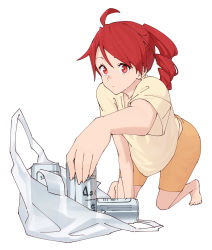 Rule 34 | 1girl, ahoge, all fours, arm support, asahi breweries, bag, beer can, can, commentary, drill hair, drink can, expressionless, foreshortening, highres, kasane teto, looking at viewer, orange shorts, plastic bag, red eyes, red hair, shirt, short sleeves, shorts, solo, twin drills, utau, yasutange, yellow shirt