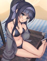 Rule 34 | 1girl, alternate breast size, bare shoulders, black hair, blue archive, blue eyes, blush, breasts, collarbone, glasses, grey sweater, hairband, halo, highres, jewelry, long hair, long sleeves, looking at viewer, navel, necklace, off shoulder, open clothes, open mouth, ponytail, rotix, sandals, sidelocks, sitting, small breasts, solo, sweater, ui (blue archive), ui (swimsuit) (blue archive)