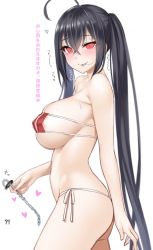 Rule 34 | 1girl, ahoge, areola slip, azur lane, bikini, black hair, blush, covered erect nipples, crossed bangs, eyepatch bikini, from side, glowing, glowing eyes, hair between eyes, hair in own mouth, hair ribbon, heart, kanzaki muyu, long hair, looking at viewer, looking to the side, micro bikini, red eyes, ribbon, side-tie bikini bottom, simple background, skindentation, solo, standing, sweat, swimsuit, taihou (azur lane), tongue, tongue out, translated, twintails, very long hair, white background