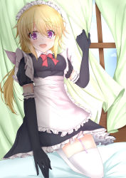 Rule 34 | 1girl, absurdres, alternate costume, apron, black dress, black gloves, blonde hair, charlotte dunois, commentary request, cowboy shot, curtains, dress, elbow gloves, enmaided, frilled apron, frilled dress, frilled gloves, frills, gloves, highres, infinite stratos, long hair, maid, maid headdress, purple eyes, shalu, solo, white apron, window