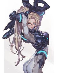 Rule 34 | 1girl, ass, blonde hair, blue eyes, bodysuit, boobplate, breastplate, breasts, goggles, goggles on head, gun, jet kimchrea, large breasts, long hair, neon trim, nova (starcraft), ponytail, rifle, solo, starcraft, weapon